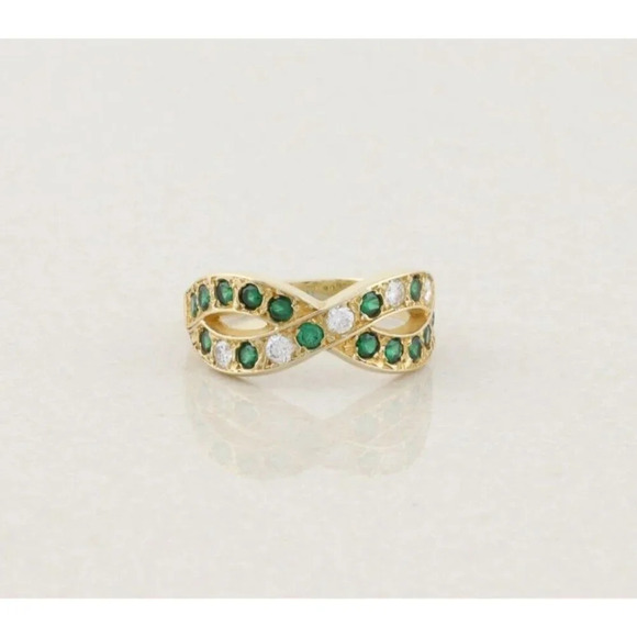 14k Yellow Gold Synthetic Green Emerald and Natural Diamond Ring Size 7 1/2 - Picture 6 of 10